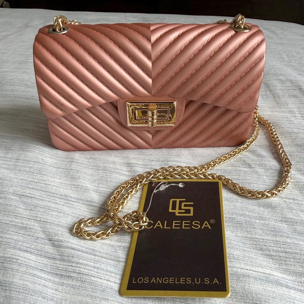 Caleesa Rose Gold Jelly Crossbody Bag Womens Small Chevron Quilted 7043